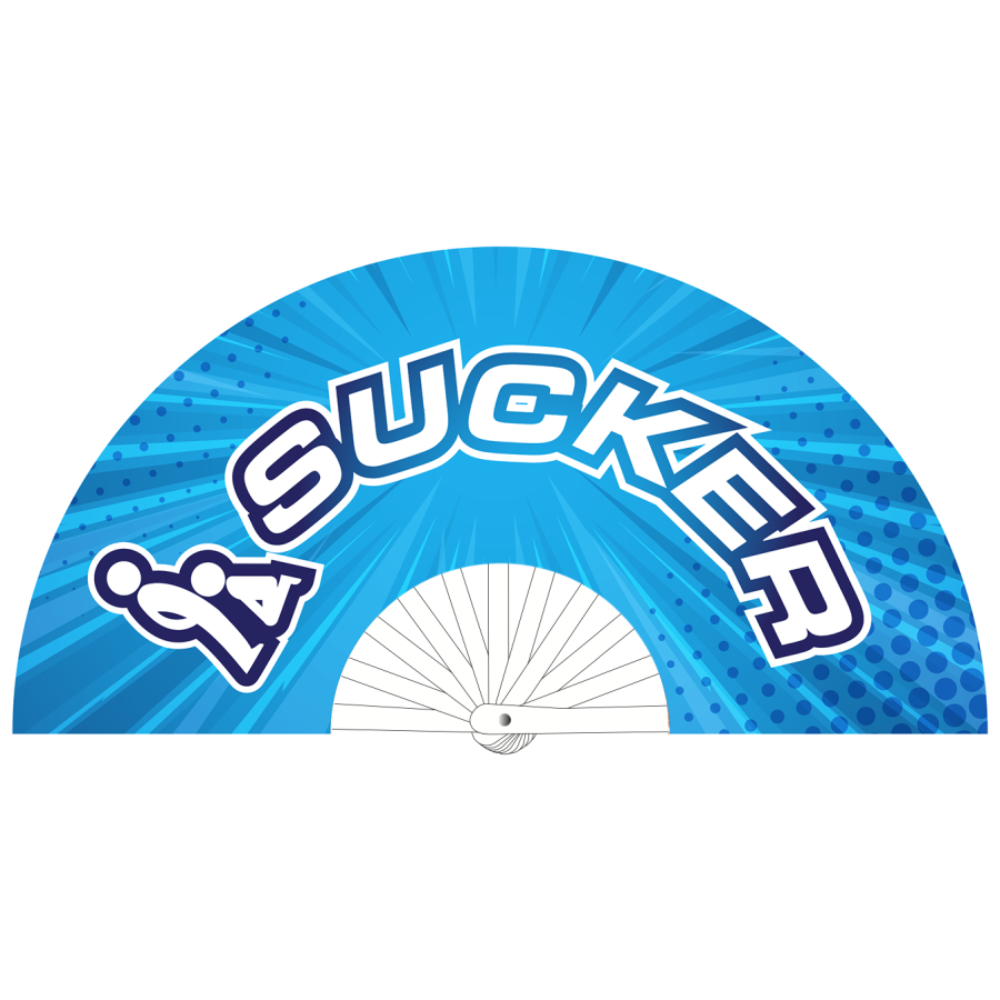 Luvland Fuck & Fist handheld fan sucker, 64cm, with graphic design and ergonomic handle, portable personal cooling device.