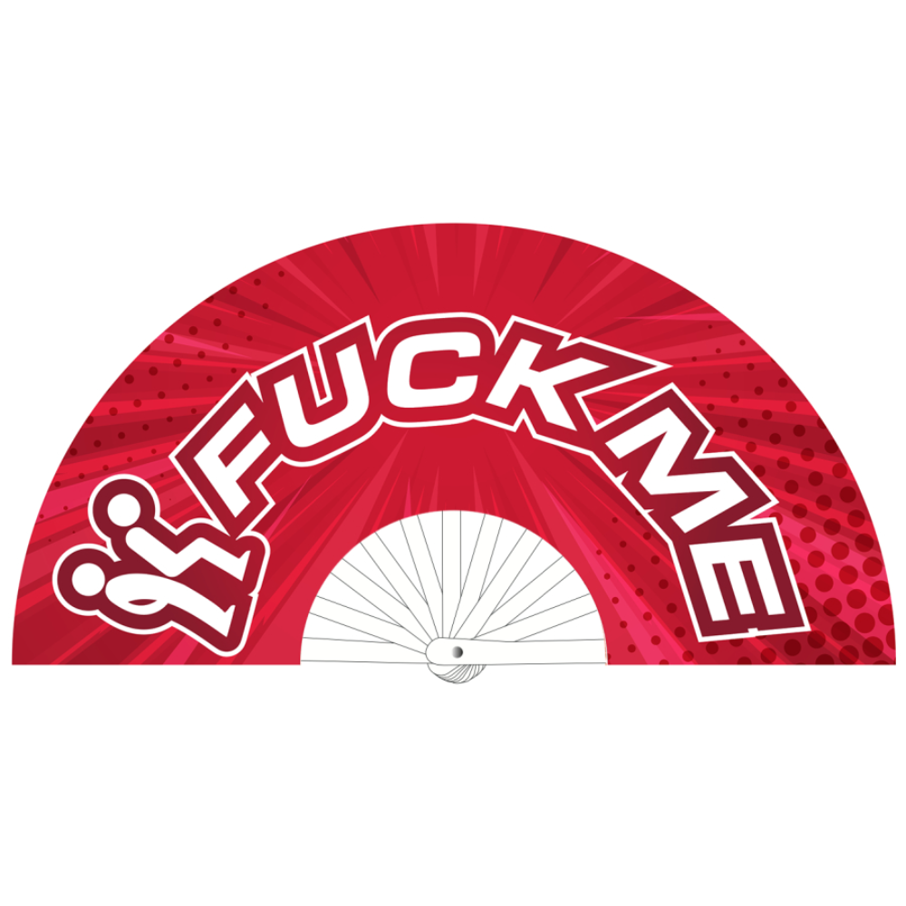 Luvland Fuck & Fist handheld fan featuring a 64cm design with detailed graphic artwork on the fan surface.