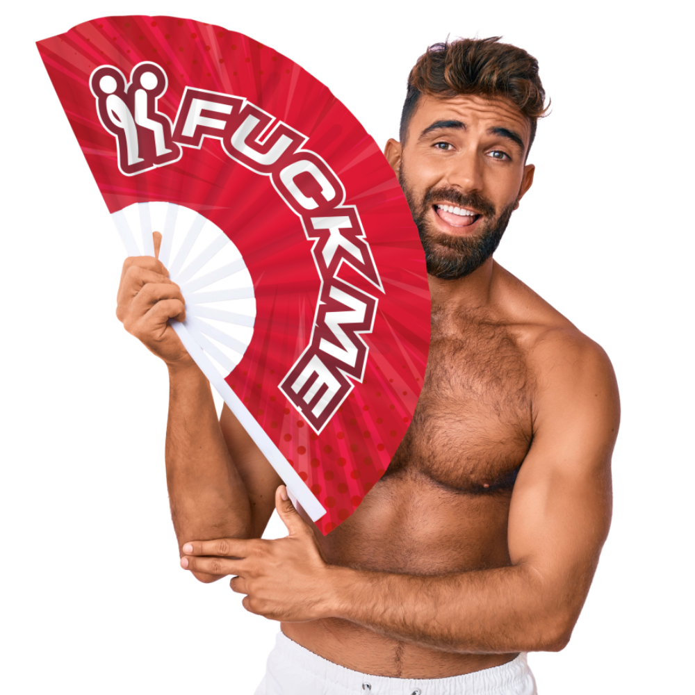 Luvland Fuck & Fist handheld fan featuring a detailed design, 64cm size, with a focus on the fan's intricate artwork.