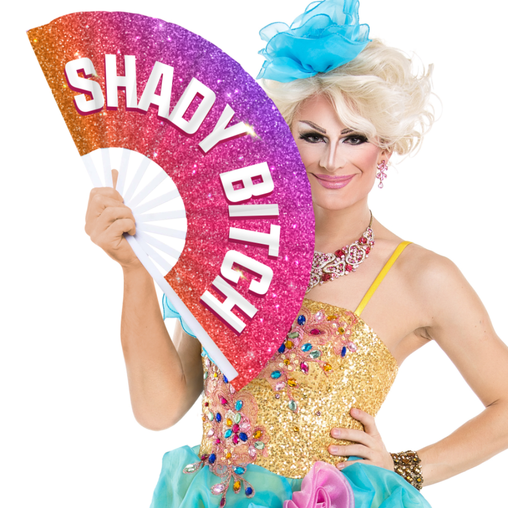 Luvland Fuck & Fist handheld fan Shady Bitch design, 64cm long, featuring bold graphic artwork on a portable fan.