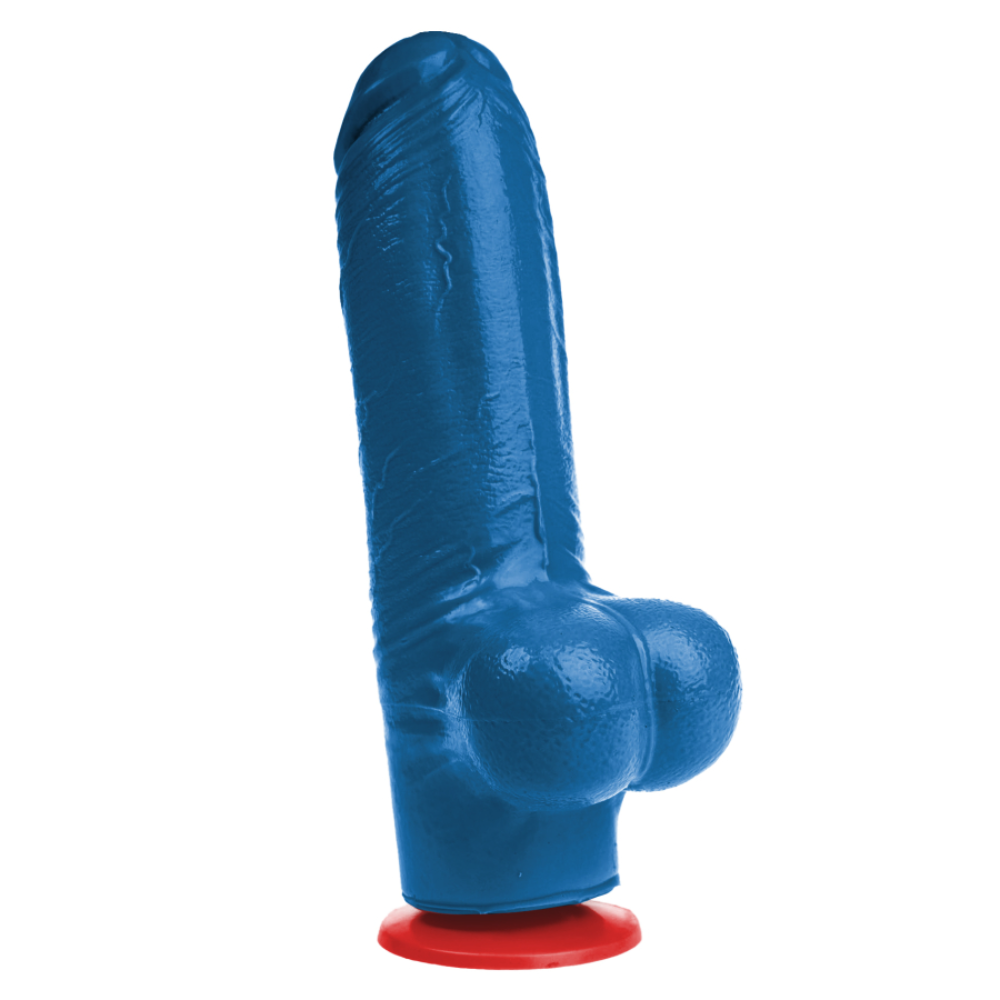 Blue Tyr dildo with balls from Luvland, realistic texture, detailed design, and ergonomic shape for comfortable use.