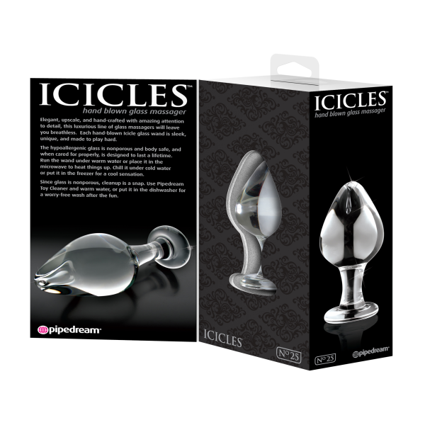 Clear Icicles No. 25 glass butt plug by Luvland, showcasing its smooth, transparent design and tapered shape for comfortable use.