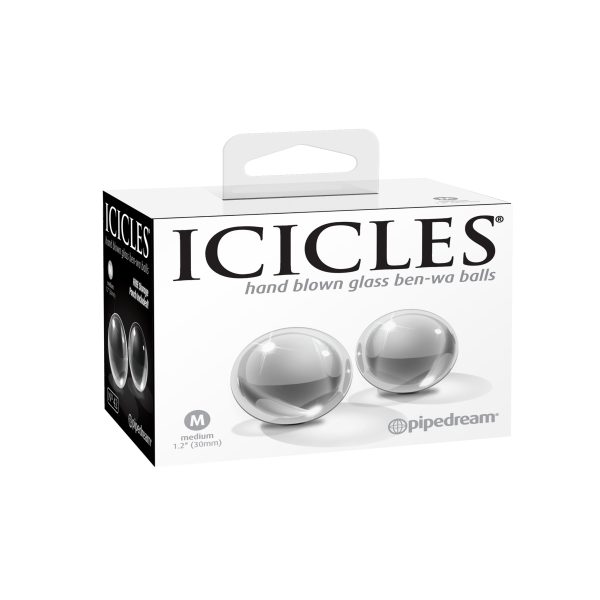 Medium glass ben-wa balls from Pipedream's Icicles No.42 collection, showcasing smooth, transparent glass with a sleek design.