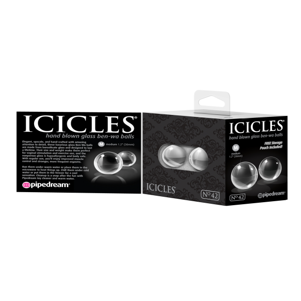 Medium glass ben-wa balls from Pipedream's Icicles No.42 collection, showcasing smooth, transparent glass spheres with a sleek design.
