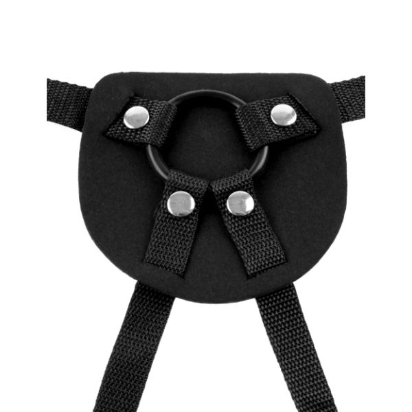Pipedream Fetish Fantasy Series beginners harness with three O-rings, adjustable straps, and black leather-style material.
