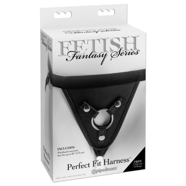 Black PerfectFit harness from Pipedream Fetish Fantasy Series with adjustable straps and metal hardware.