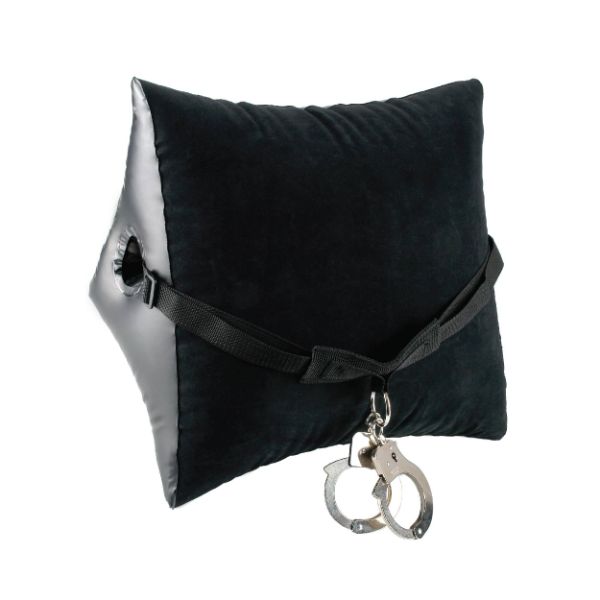 Black Fetish Fantasy Series Deluxe Position Master with cuffs by Pipedream, featuring adjustable straps and restraint cuffs for bondage play.