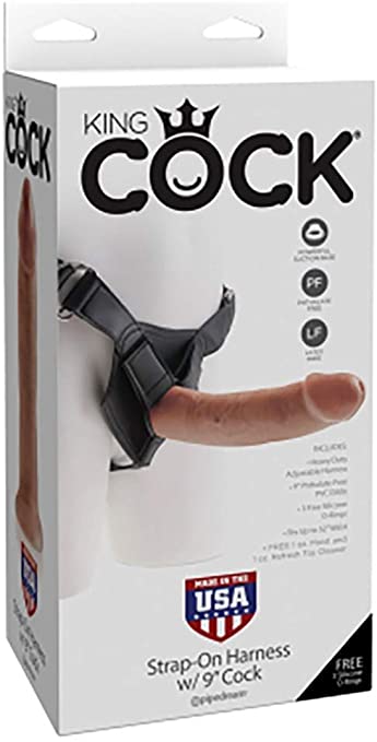 Tan King Cock strap-on harness with 6-inch dildo, adjustable straps, and Pipedream branding for secure wear and realistic experience.