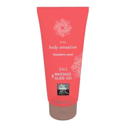 HOT Shiatsu 2-in-1 massage and glide gel in strawberry scent, 200ml, with a clear, smooth gel texture in a pump bottle.