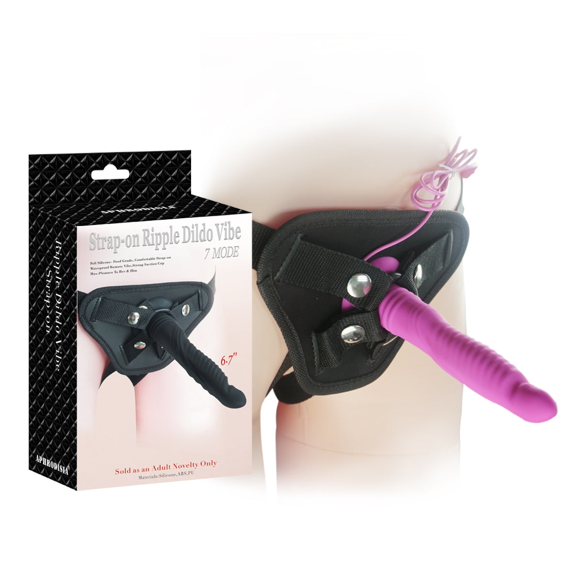 6.7-inch Strap-On Ripple Dildo from Howells with attached vibrating bullet for added stimulation, shown with realistic detailing.