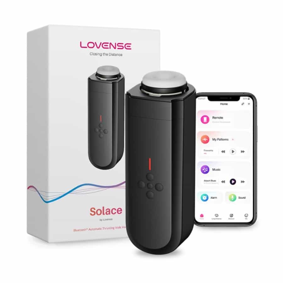 Luvland Solace Bluetooth automatic thrusting male masturbator with realistic interior design and sleek exterior appearance.