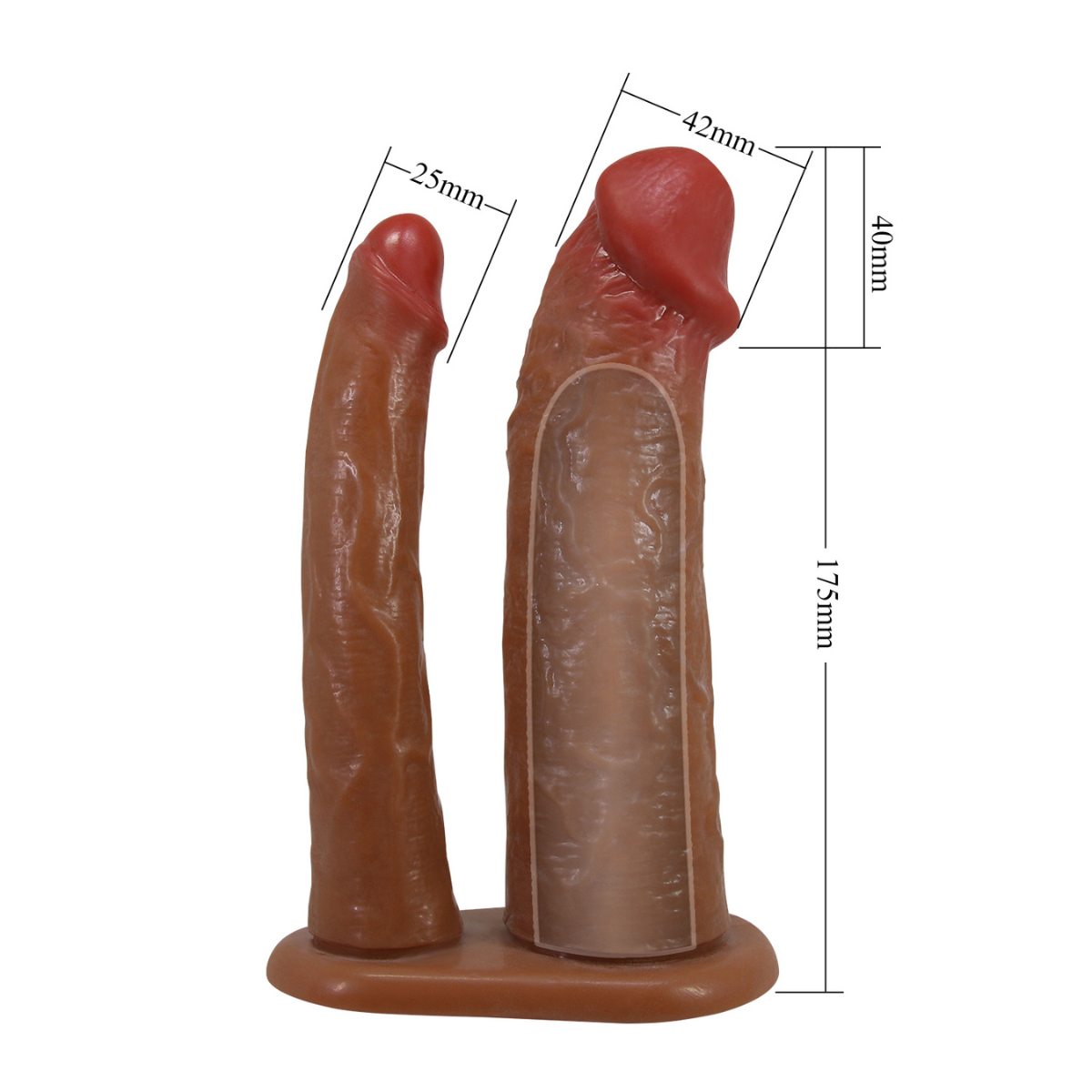 Pretty Love Yairon dual penis extender sleeve in clear silicone, featuring textured surface and 6.9-inch length for enhanced sensation.