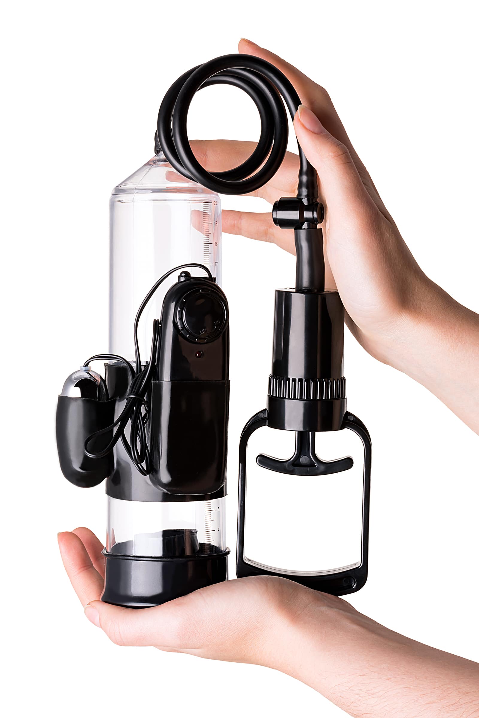 Toyfa coal-colored penis pump with vibrating bullet, featuring a sleek design and textured grip for enhanced pleasure.
