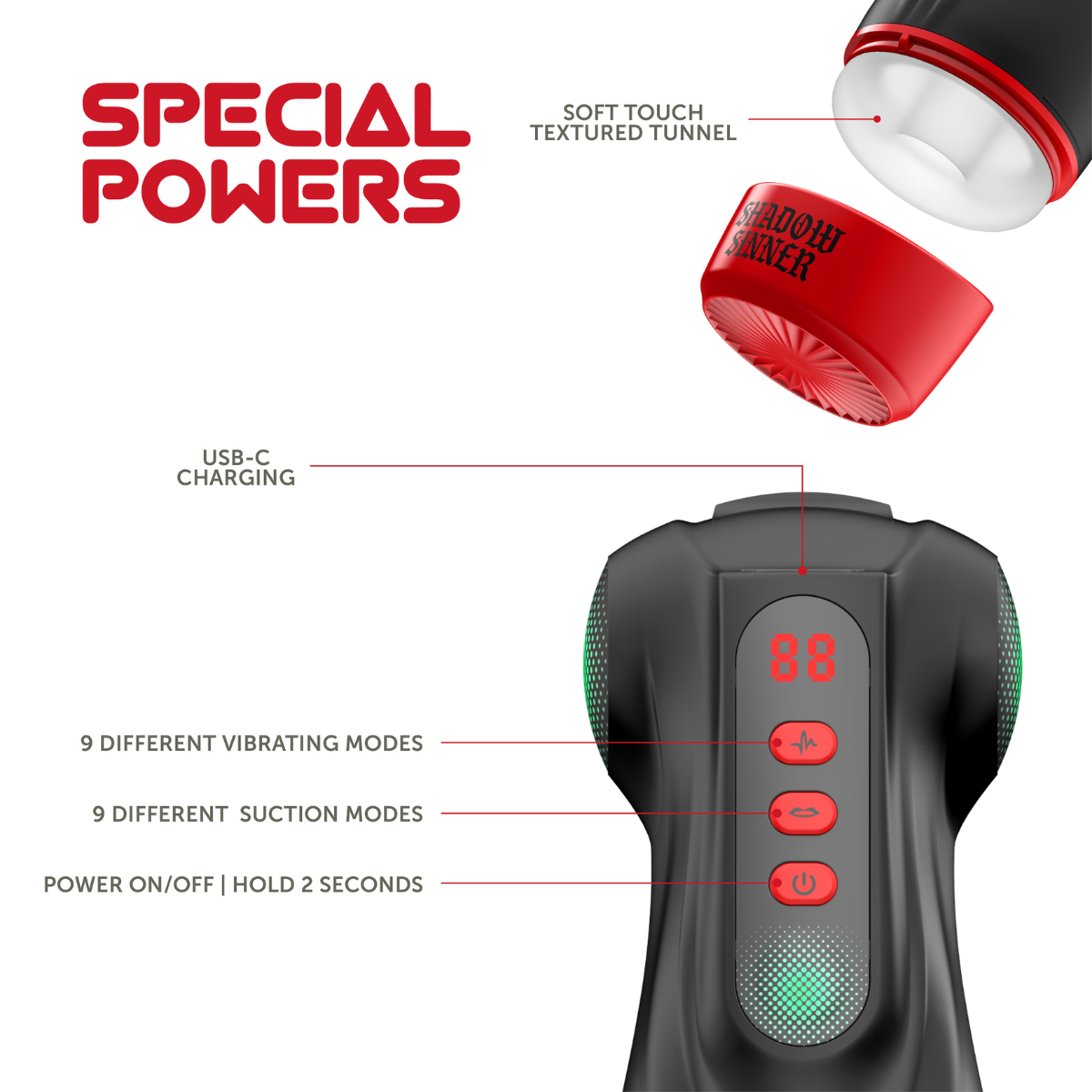 Shots Masturs Raven Shadow Sinner rechargeable vibrator with sleek black design and textured surface for enhanced pleasure.