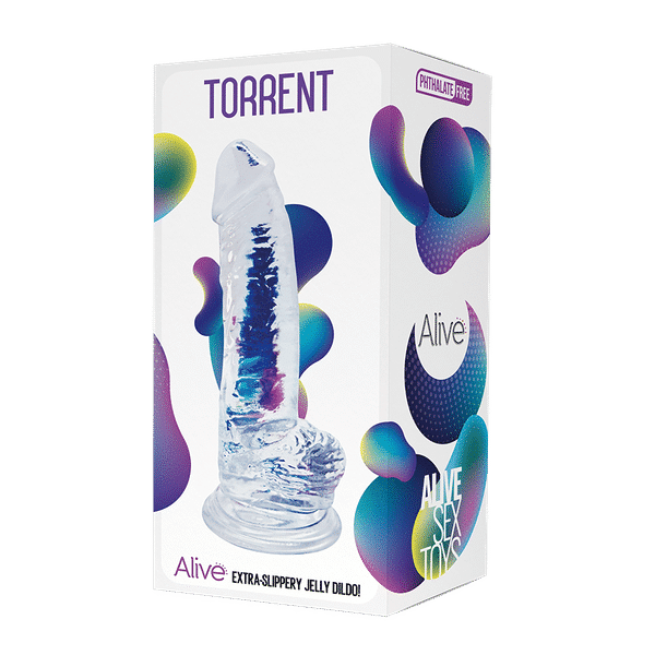 Clear Alive Torrent Jelly Dildo by Luvland, showing the textured, flexible silicone body with detailed design and realistic shape.