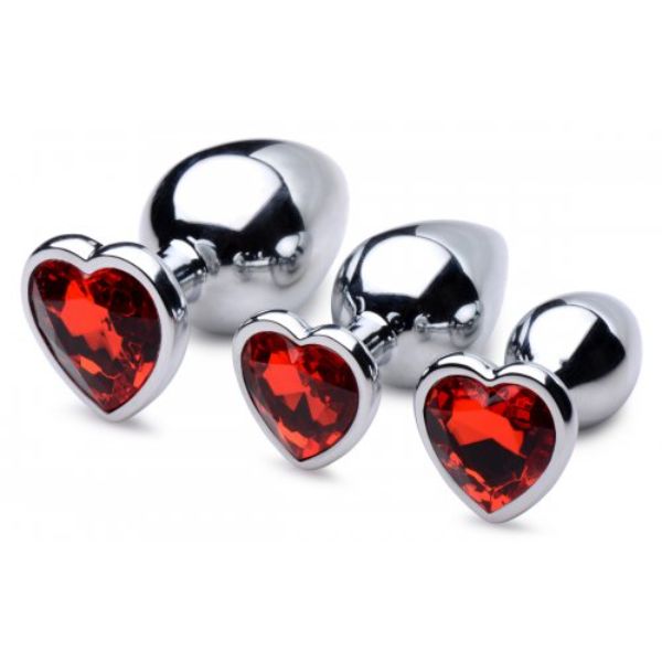 Luvland Booty Sparks Red Heart Gem Anal Plug Set featuring heart-shaped gem accents and smooth silicone material.