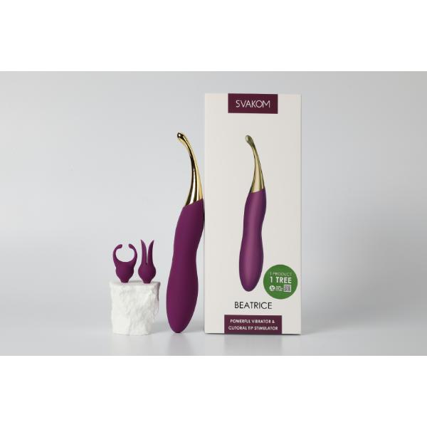Svakom Beatrice Violet personal massager with violet design and ergonomic shape, featuring smooth curves and textured surface.