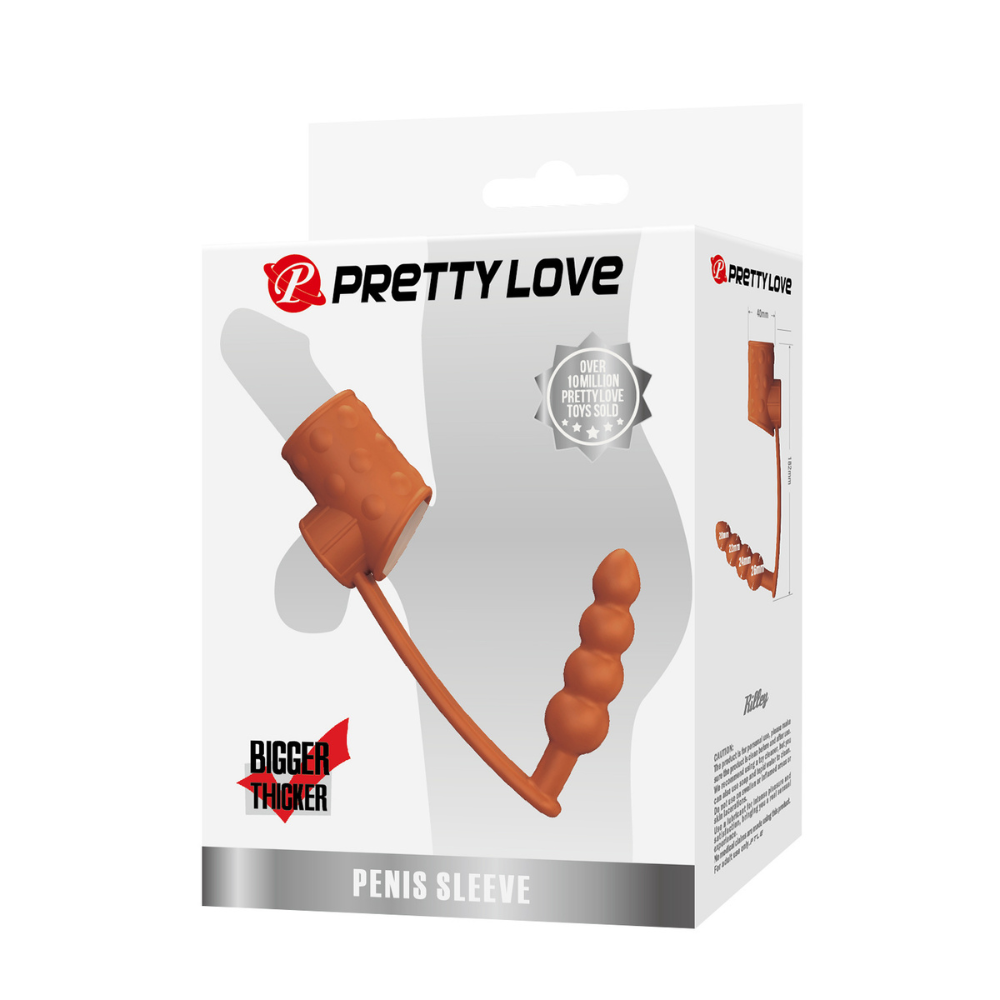 Pretty Love Rilley penis sleeve with attached anal beads, featuring textured surface and flexible design for enhanced pleasure.
