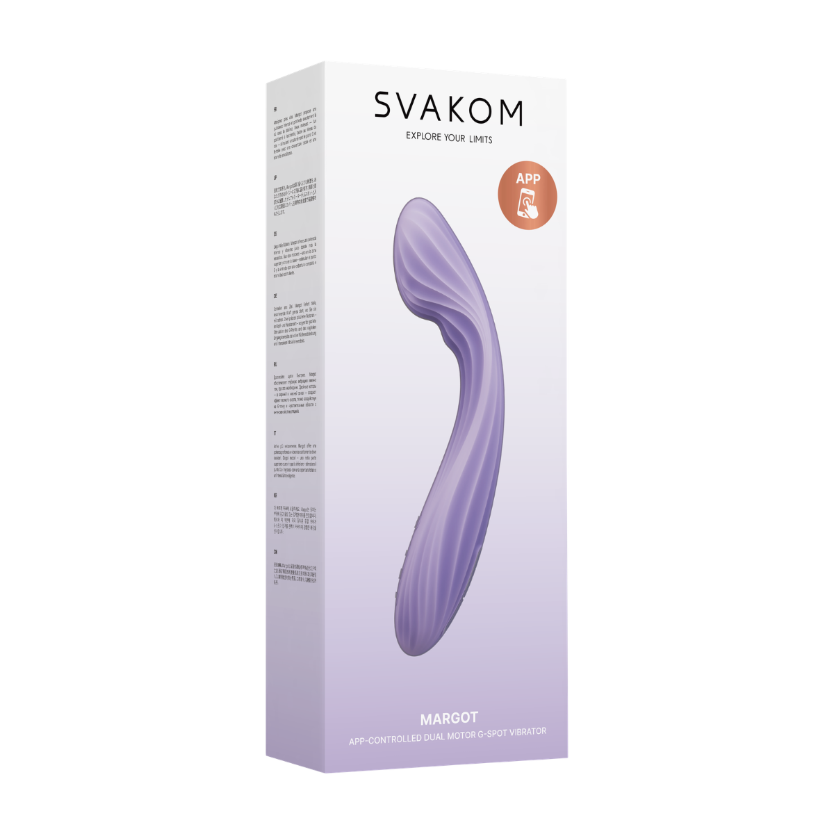Svakom Margot Lilac Swirl vibrator with smooth curved design and textured lilac swirl surface, perfect for intimate pleasure.
