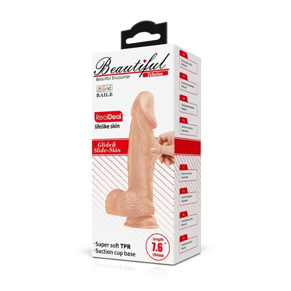 Pretty Love Baile Beautiful Encounter Zebulon 7.6-inch flesh-colored dildo, realistic design, detailed surface, and smooth finish.