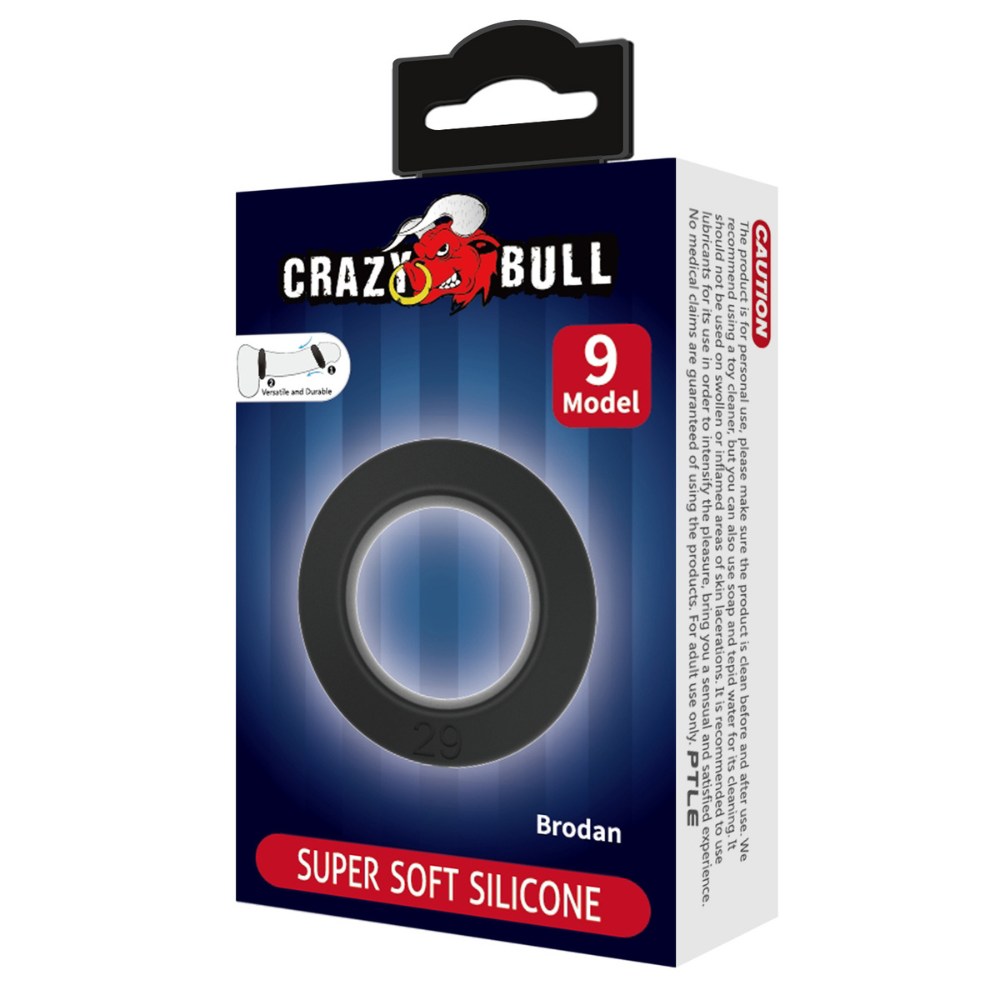 Black Crazy Bull Brodan cockring by Luvland, shown in a close-up image highlighting its flexible and snug fit design.
