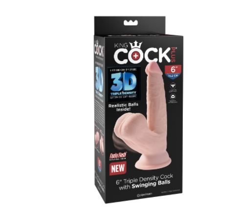 Pipedream King Cock Plus 6-inch triple density dildo with swinging balls, realistic textured surface, and lifelike design.