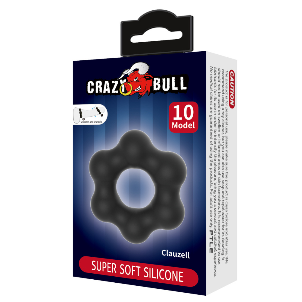 Black Crazy Bull Clauzell cockring by Luvland, showing the textured, flexible design and smooth surface for enhanced pleasure.
