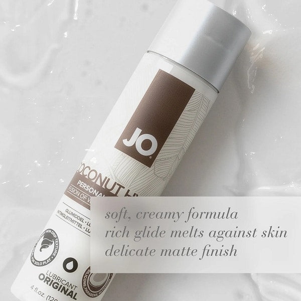 JO Silicone Free Hybrid lubricant in 4oz bottle featuring coconut scent and smooth texture for versatile use.
