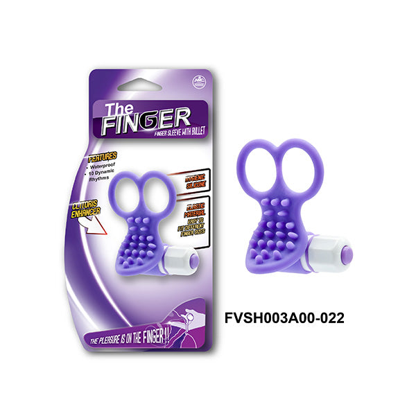 Luvland Finger Sleeve with Mini Bullet featuring 10 dynamic rhythms, shown on a finger with the bullet device attached.