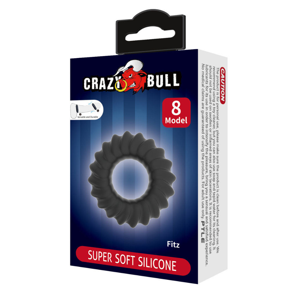 Black Crazy Bull Fitz Cockring by Luvland, shown on a model for enhanced stamina and fit, made of durable silicone material.