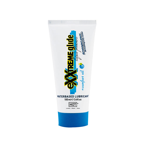 Hot Exxtreme Glide 100ml water-based lubricant bottle, smooth and clear with brand label, designed for intimate use.