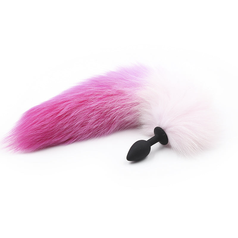 Pink and white 45cm tail with butt plug from Ideal Leather, featuring realistic fur and smooth silicone insert.