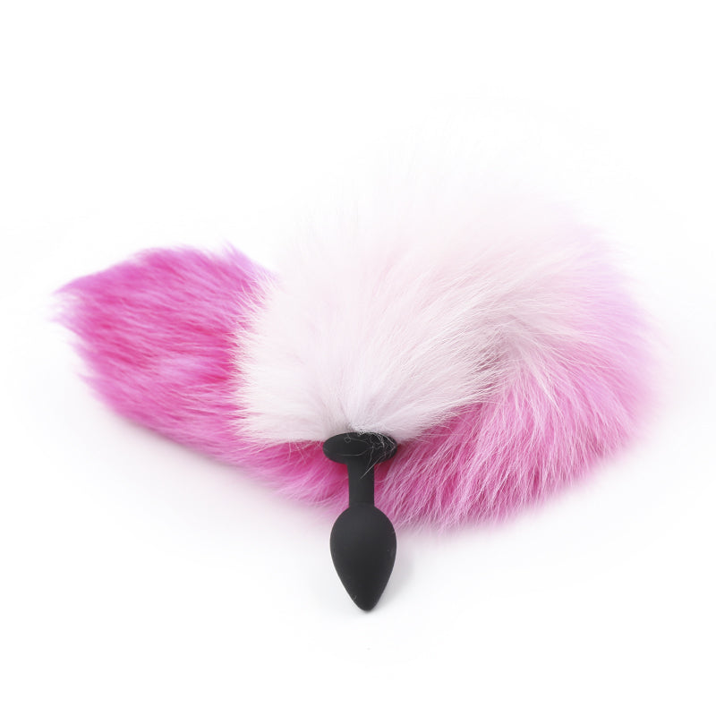 Pink and white 45cm tail with butt plug from Ideal Leather, featuring realistic fur and smooth silicone plug for adult role-play.