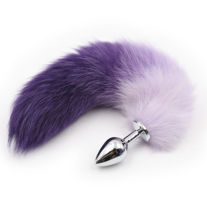 Purple and white 46cm leather tail with metal butt plug, ideal for cosplay or costume accessories by Ideal Leather.