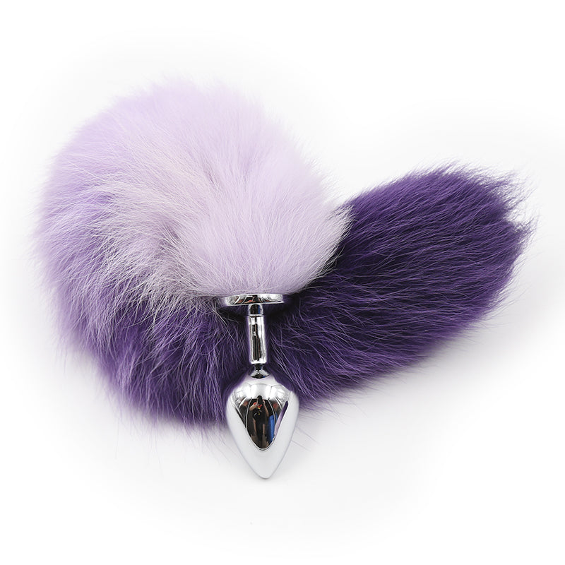 Purple and white 46cm tail with metal butt plug from Ideal Leather, featuring realistic fur and sturdy metal hardware.