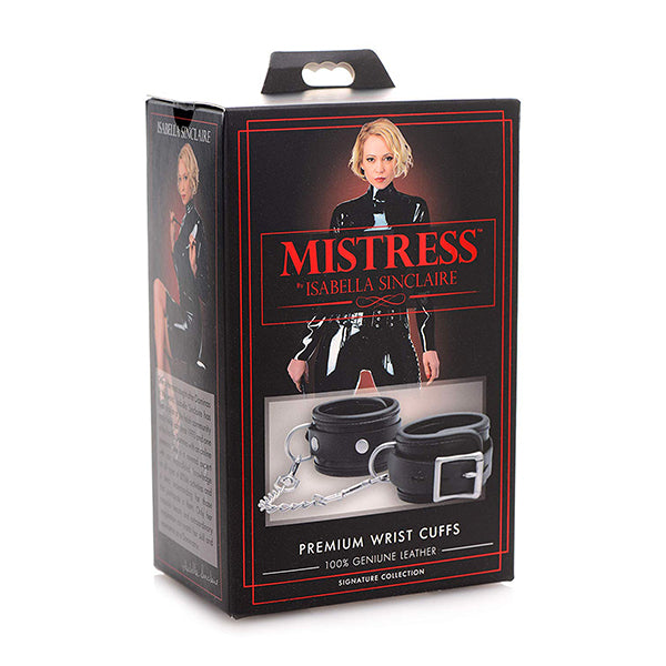 Leather wrist cuffs from Luvland's Mistress Premium collection, featuring adjustable straps and metal hardware for a stylish look.