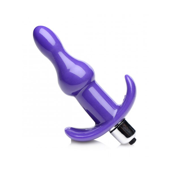 Purple Frisky Bumpy Anal Plug from Luvland with rolling textured design on black background.