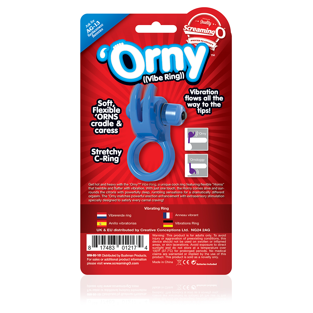 Blue Screaming O Orny Vibe Ring, a silicone adult pleasure ring with vibrating features, designed for intimate stimulation.