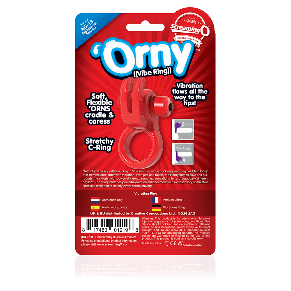 Red Screaming O Orny Vibe Ring, a vibrating adult toy with textured design, shown in close-up on a plain background.