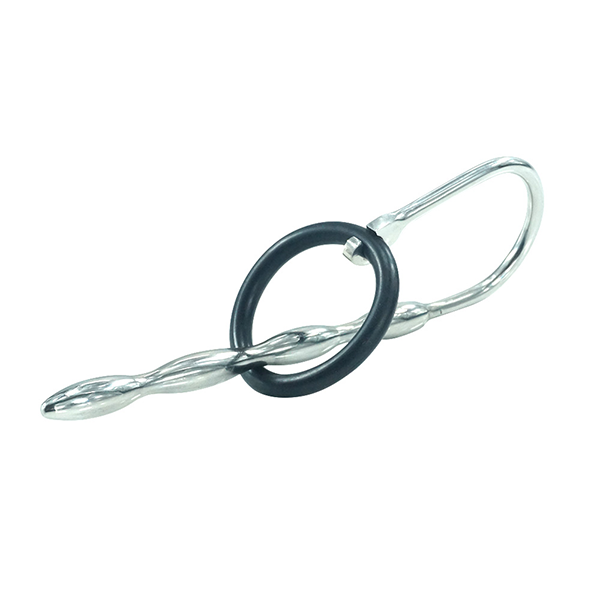 Funny Steel Penis Plug with black ring, 8mm diameter, shiny metallic finish, designed for adult novelty and pleasure use.