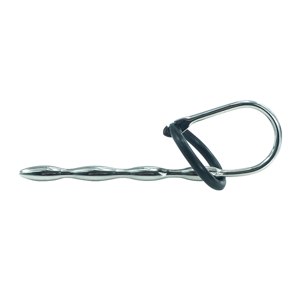 Funny Steel Penis Plug with black ring, 8mm diameter, shiny metallic finish, designed for adult male pleasure.