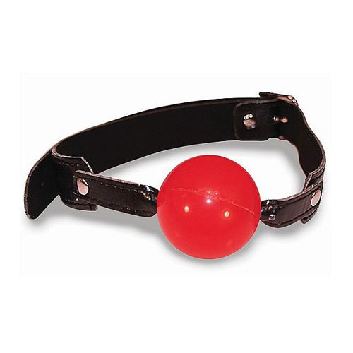 Red silicone ball gag from Luvland's Sex & Mischief collection, featuring adjustable straps and a secure fit.