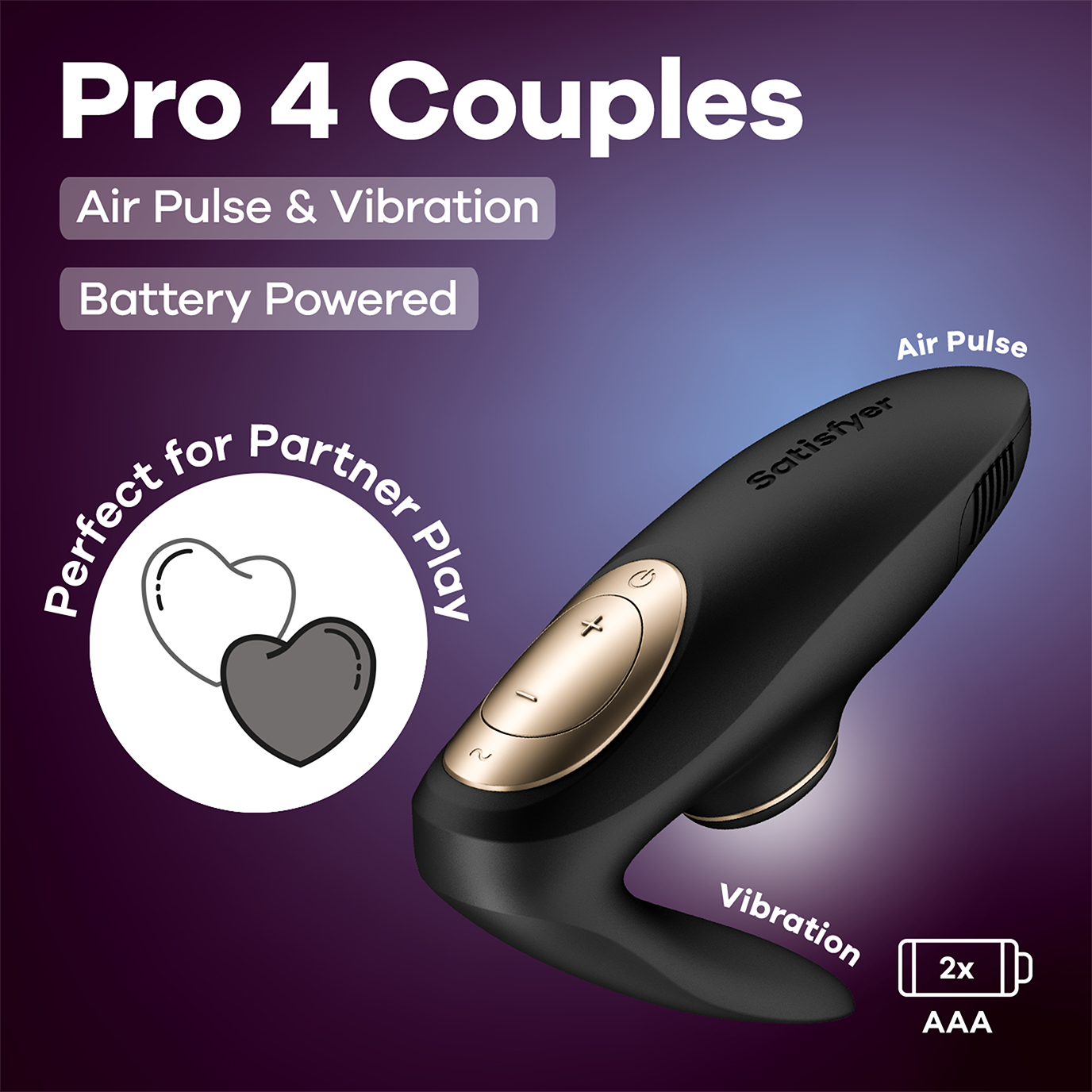 Black Satisfyer Pro 4 Couples vibrator with replaceable battery, designed for intimate pleasure and partner use.