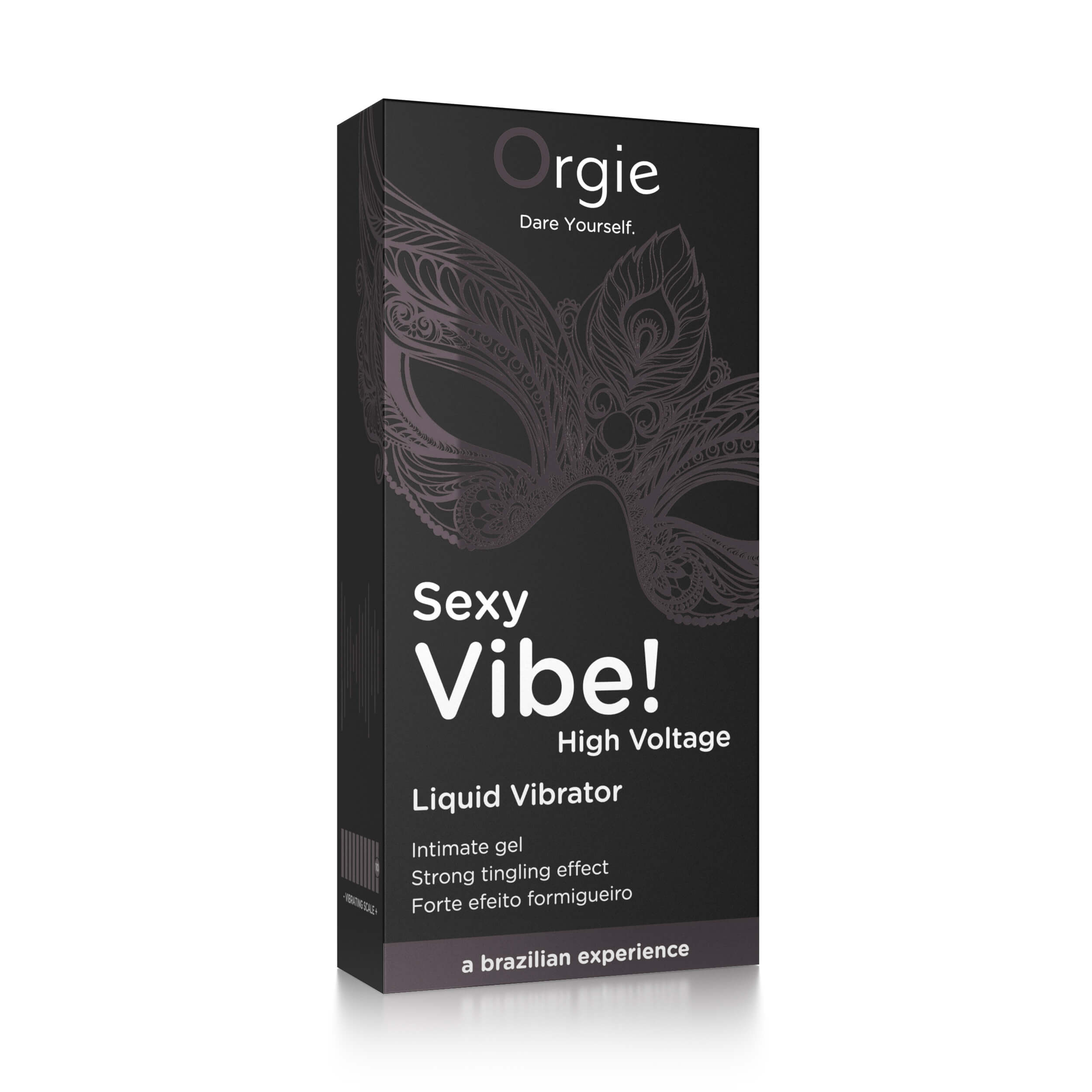 Orgie Sexy Vibe! High Voltage 15ml intimate lubricant in a sleek box, designed for enhanced sensual experiences.