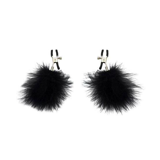 Ideal Leather feathered nipple clamps with soft feathers and adjustable metal grips for sensual stimulation and aesthetic appeal.