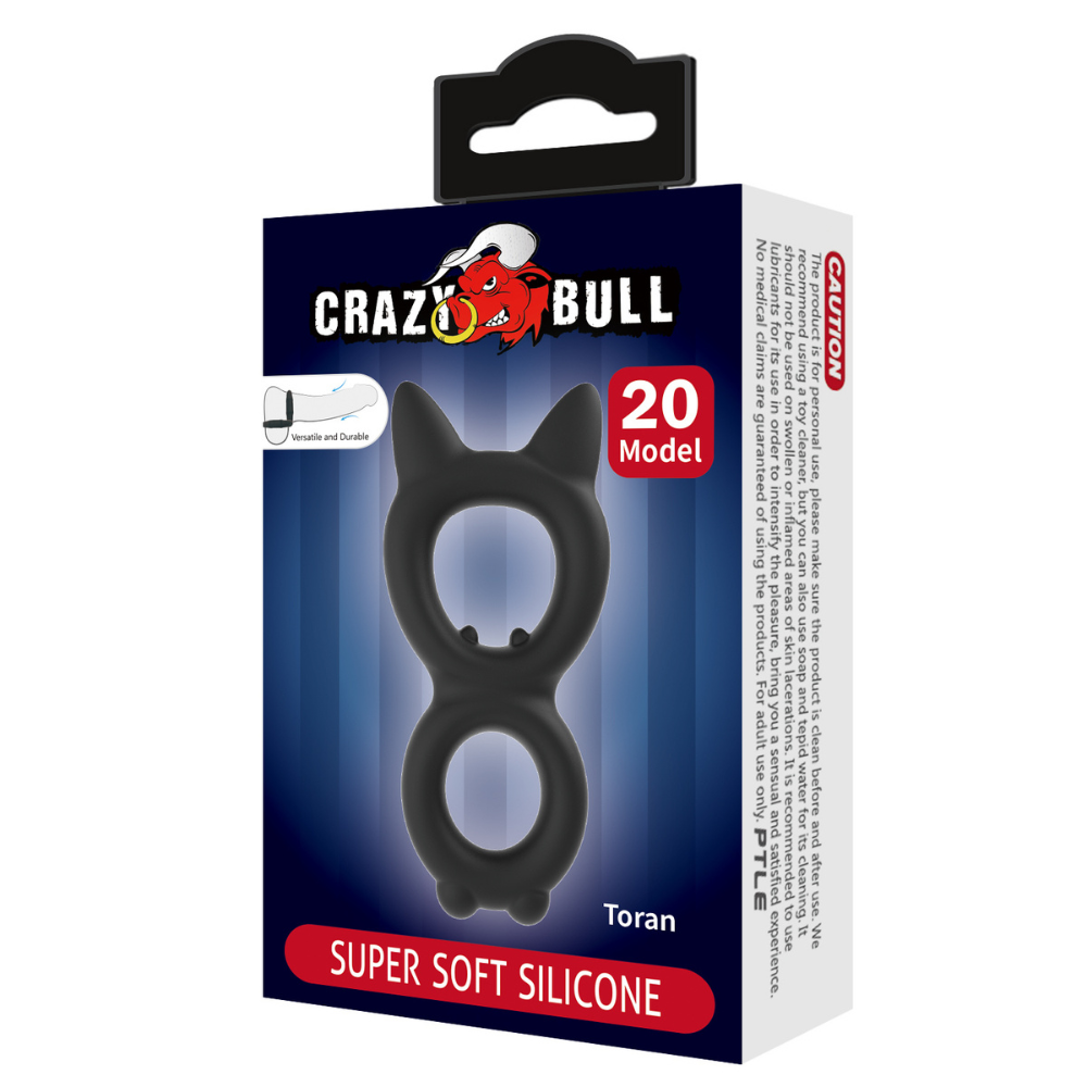 Black Crazy Bull Toran cockring by Luvland, featuring a detailed, textured design for enhanced intimacy and comfort.