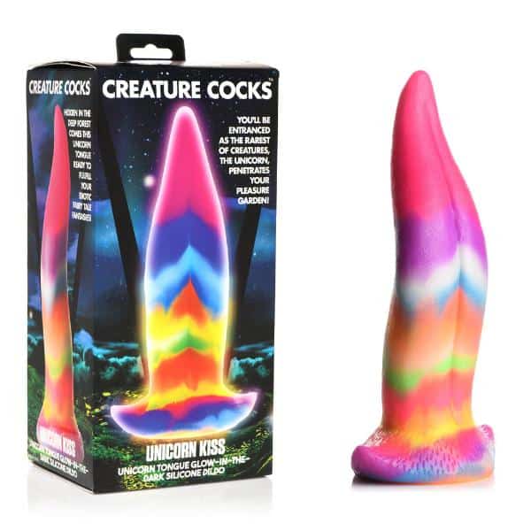 XR Creature Cocks Unicorn Kiss dildo featuring a colorful unicorn design with textured surface and realistic shape.