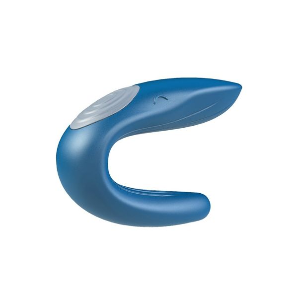 Satisfyer Double Whale Blue partner toy featuring dual whale-shaped stimulators in vibrant blue for intimate pleasure.