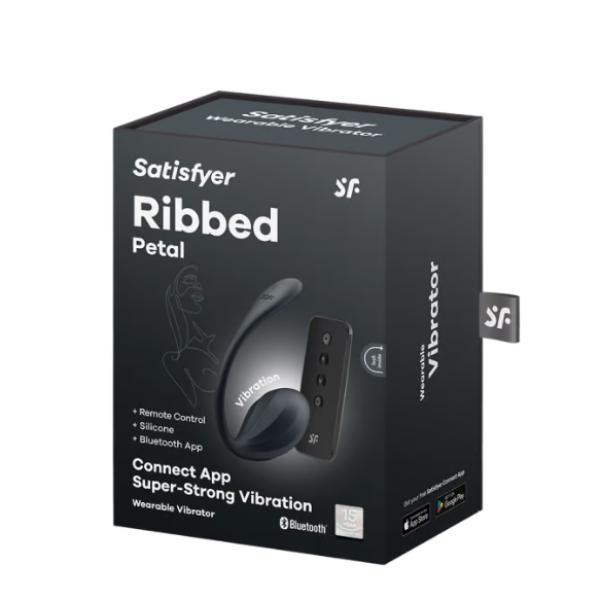 Close-up of the Satisfyer Ribbed Petal Black intimate toy showing its textured, ribbed surface and sleek black design.