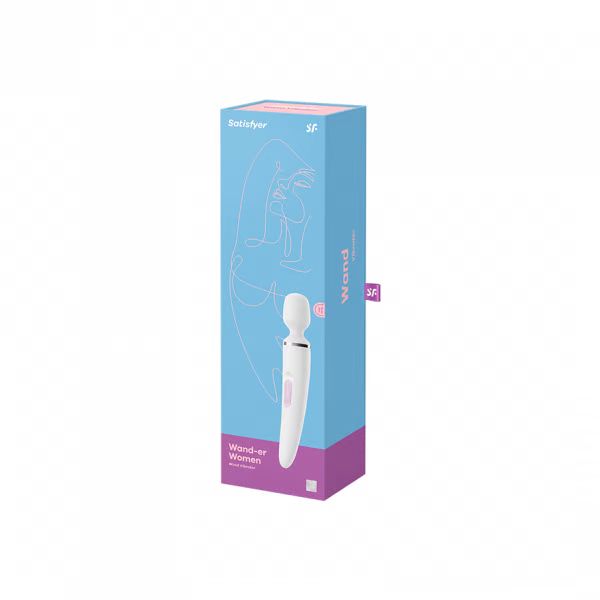 White Satisfyer Wand-er Women vibrator with ergonomic shape and control buttons, shown in packaging.